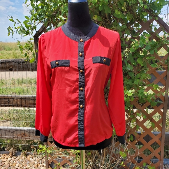 Worthington Petite Size 6 Red and Black Lightweight Button Up Blouse EUC - Picture 1 of 16